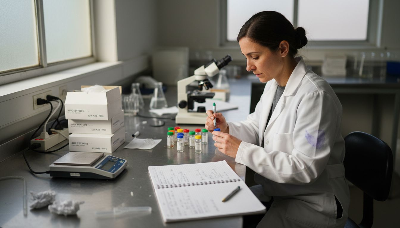 Scientist labeling peptides at cluttered lab workbench