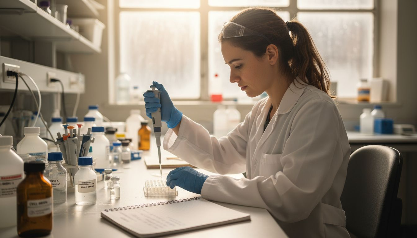 Scientist handling peptides in busy research lab