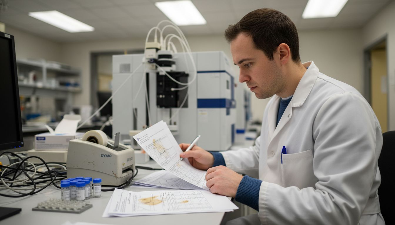 Technician checking peptide purity results