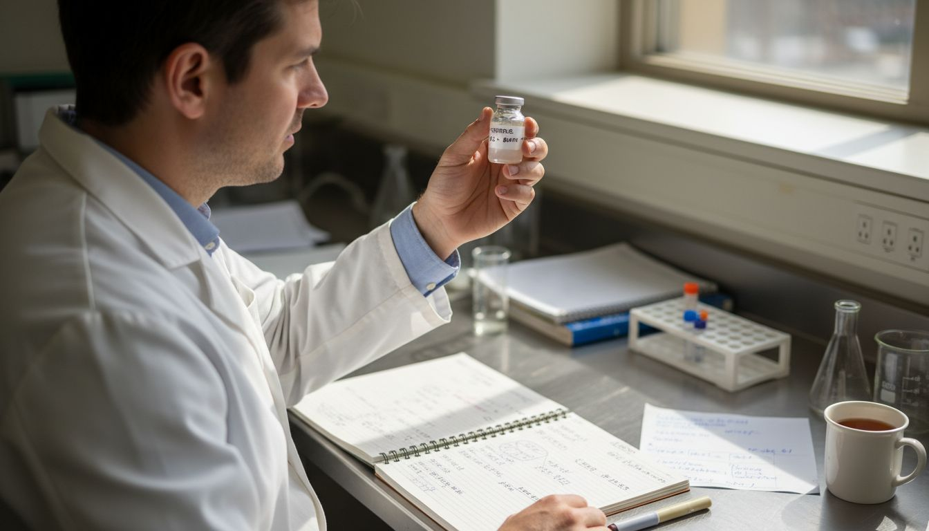 Scientist inspecting peptide vial in cluttered lab