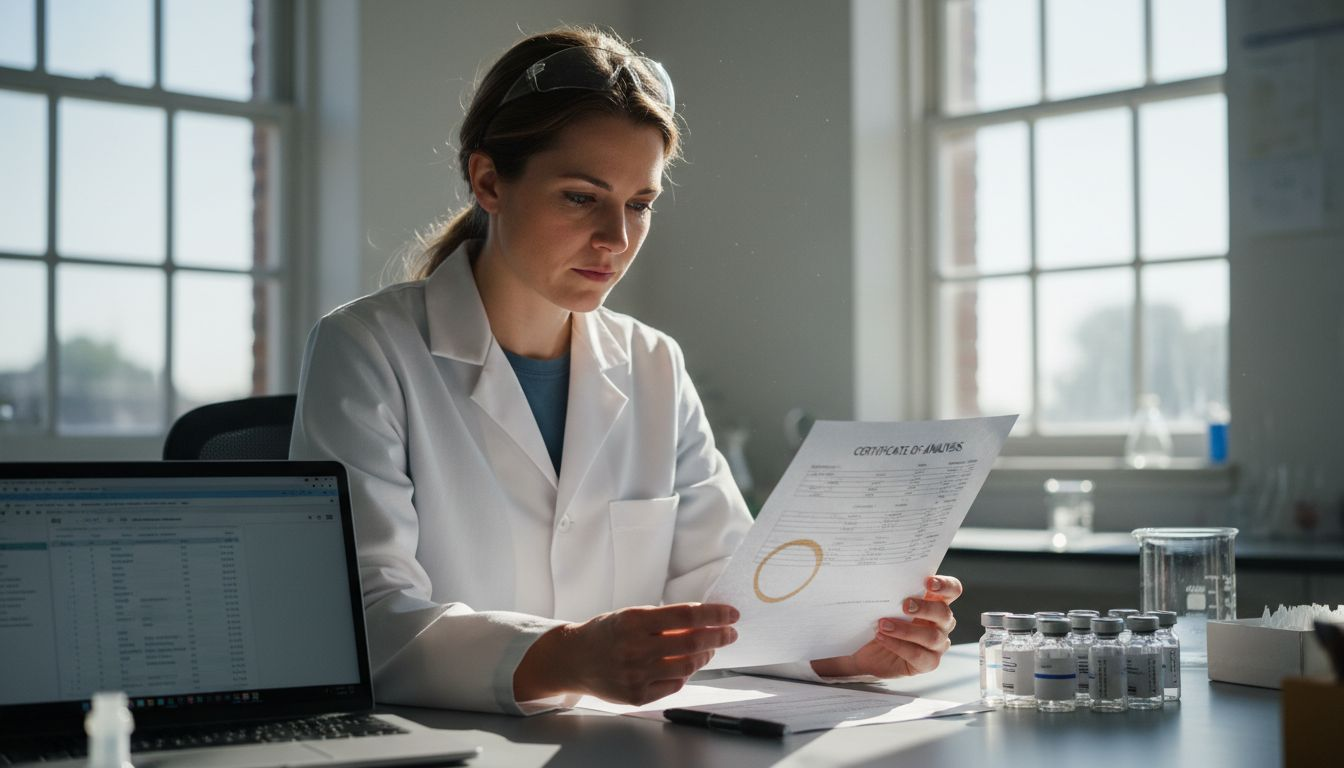 Scientist reviewing peptide certificate at desk