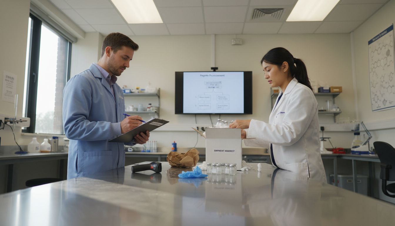Lab team reviewing peptide shipment workflow