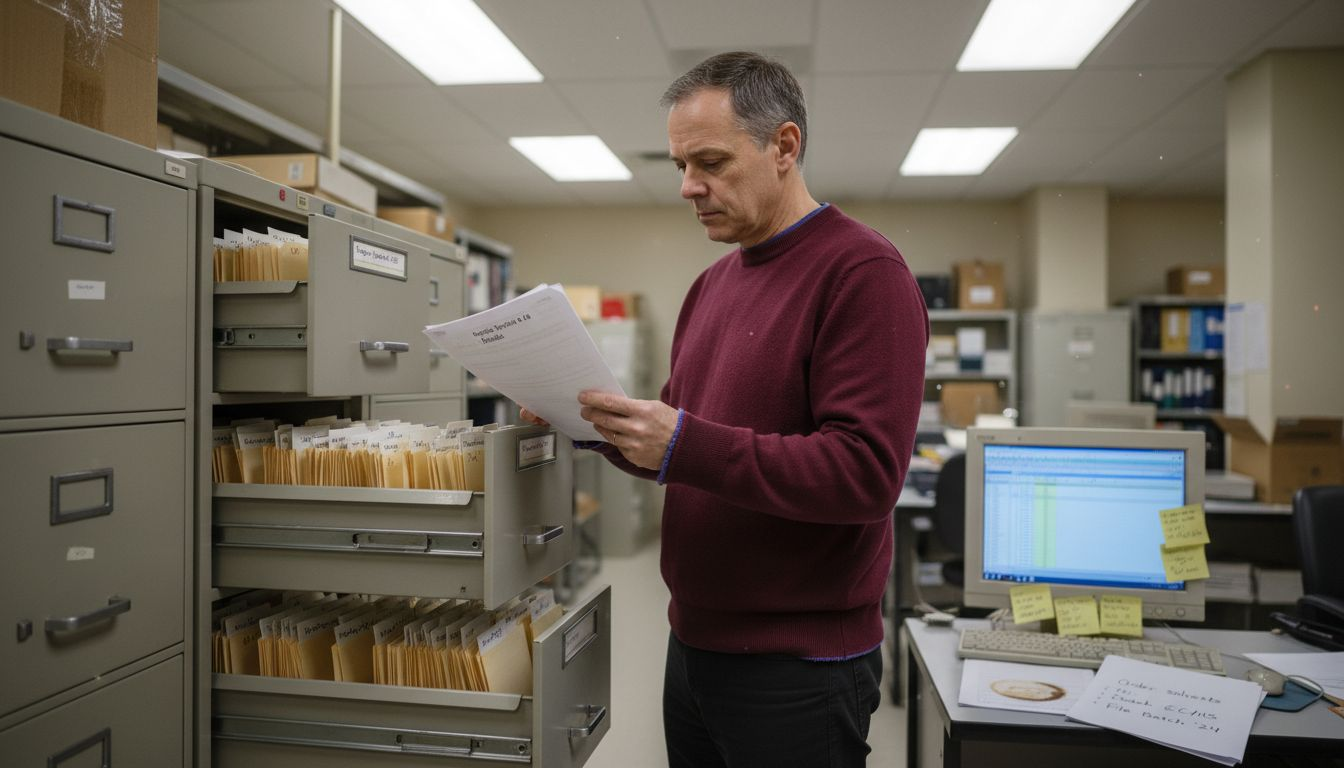 Lab manager scanning peptide research documents
