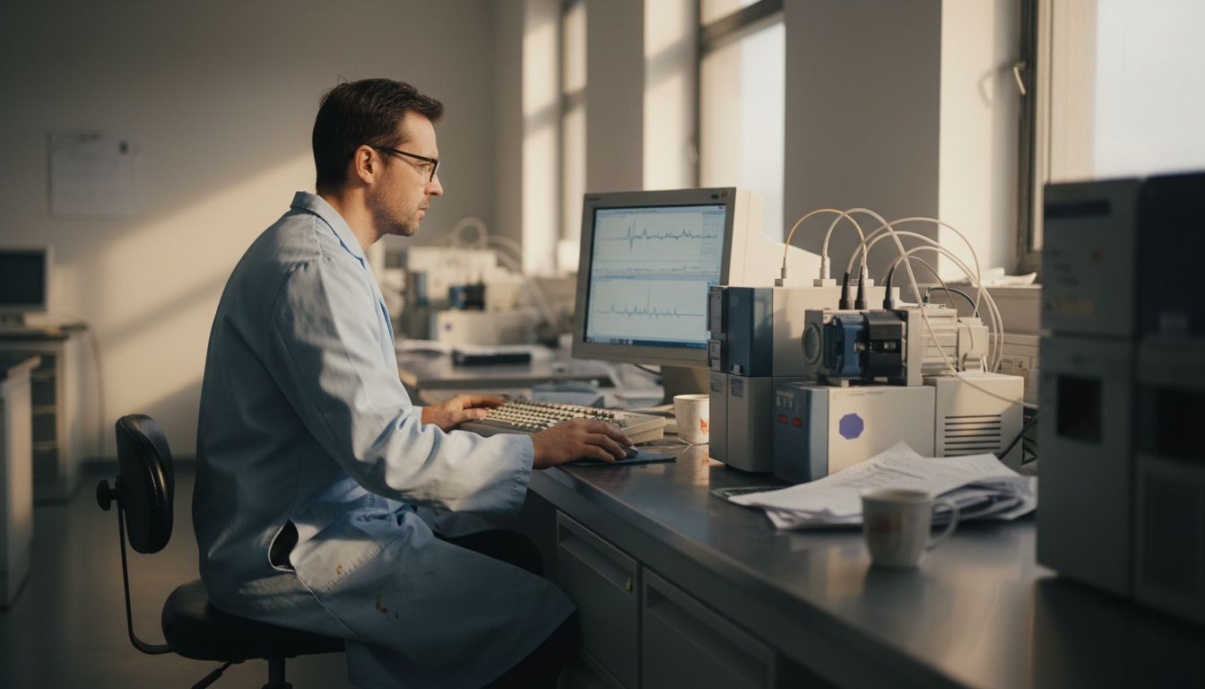 Scientist running HPLC mass spectrometry test