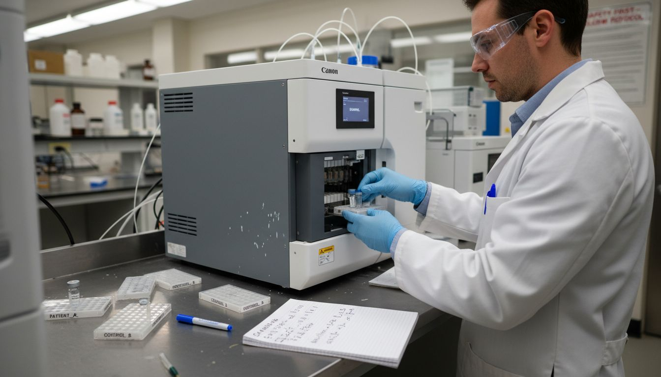 Technician prepares samples for peptide purity testing