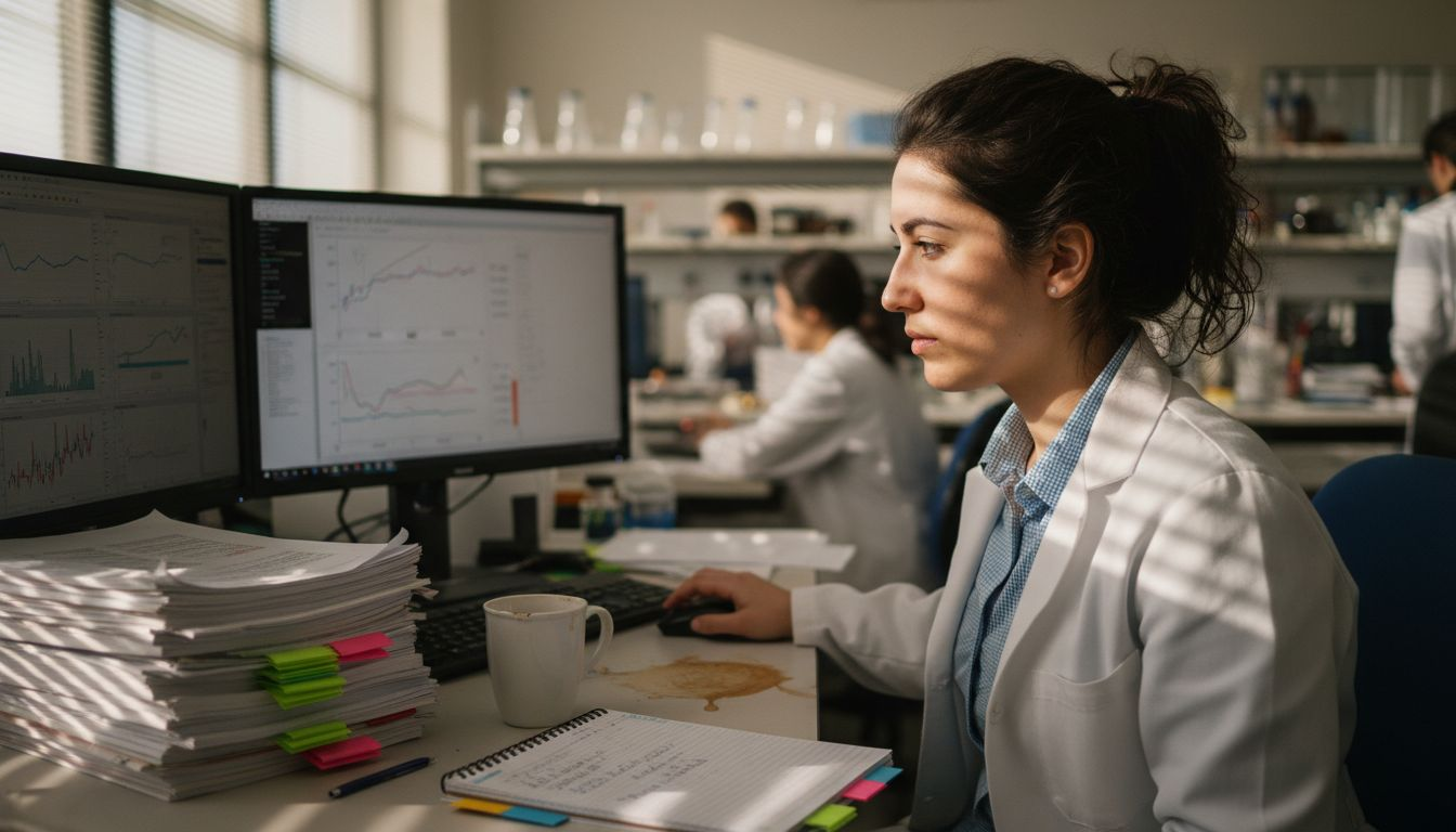 Scientist reviewing peptide experiment data on monitors