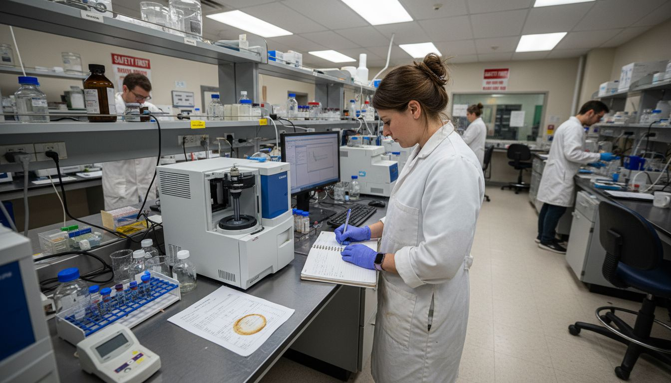 Scientist documenting peptide purity in laboratory