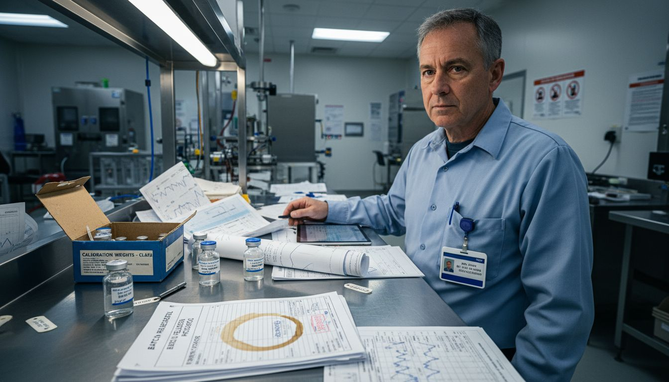 Quality specialist verifying pharmaceutical research paperwork