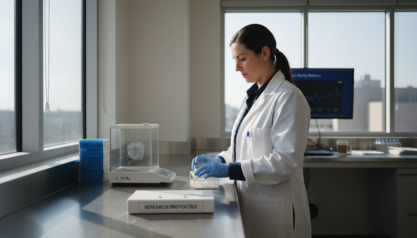 Lab technician inspecting peptide quality control