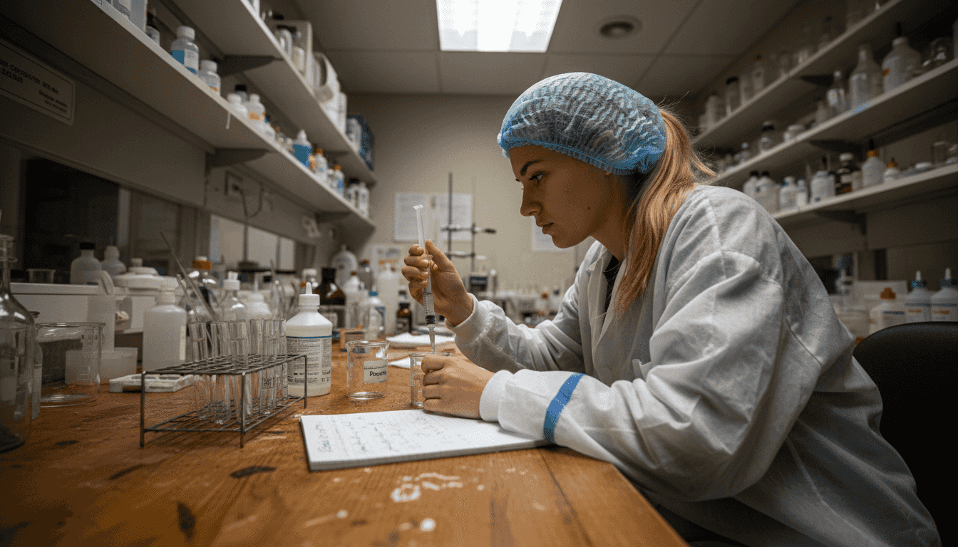 Lab technician measuring solvent for peptides