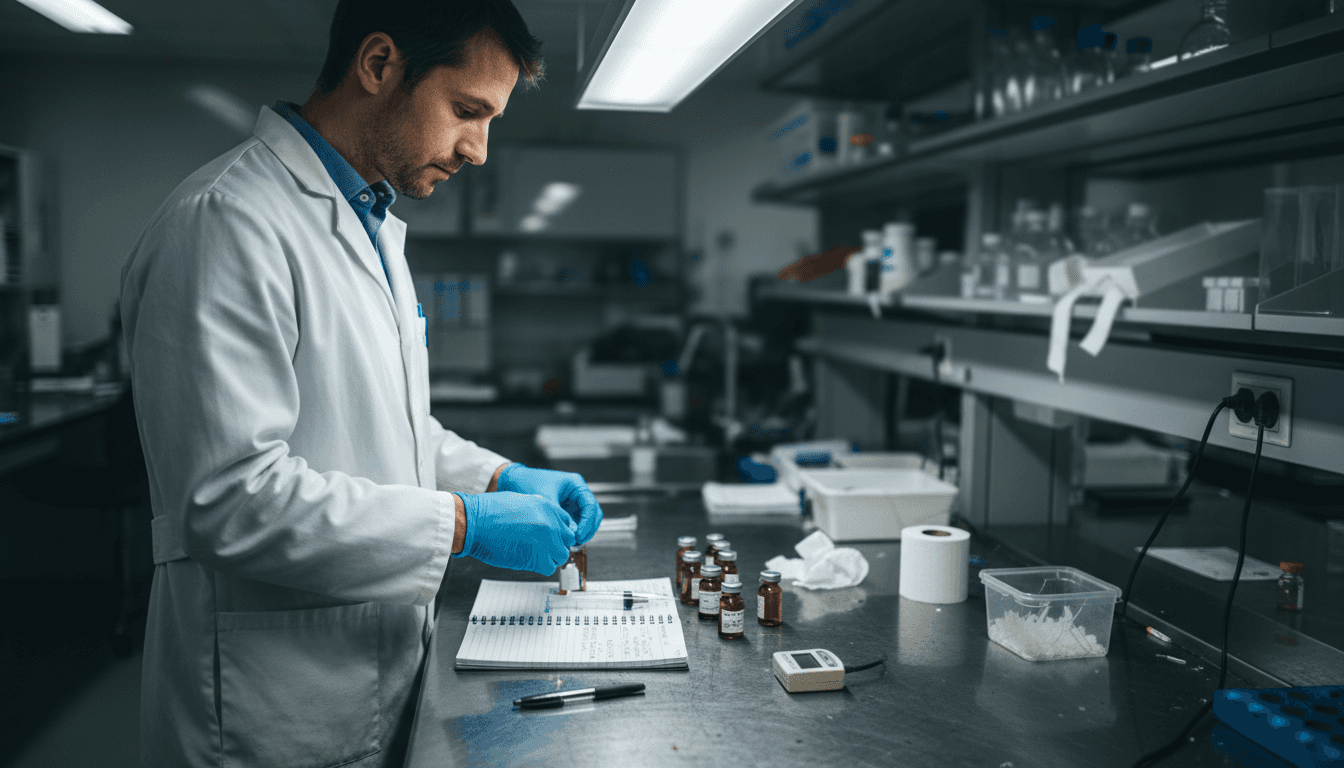 Scientist arranging sterile lab supplies at bench