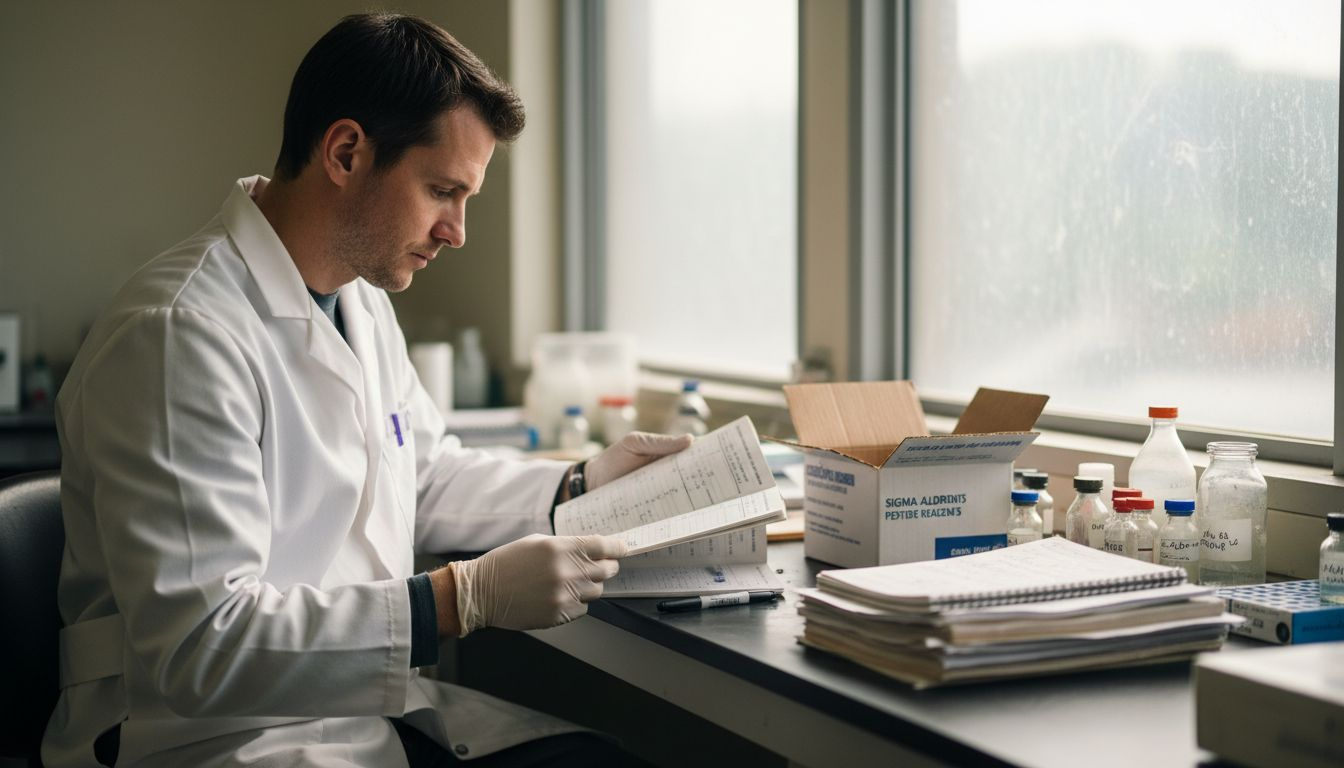 Scientist reviewing peptide catalog at lab workbench