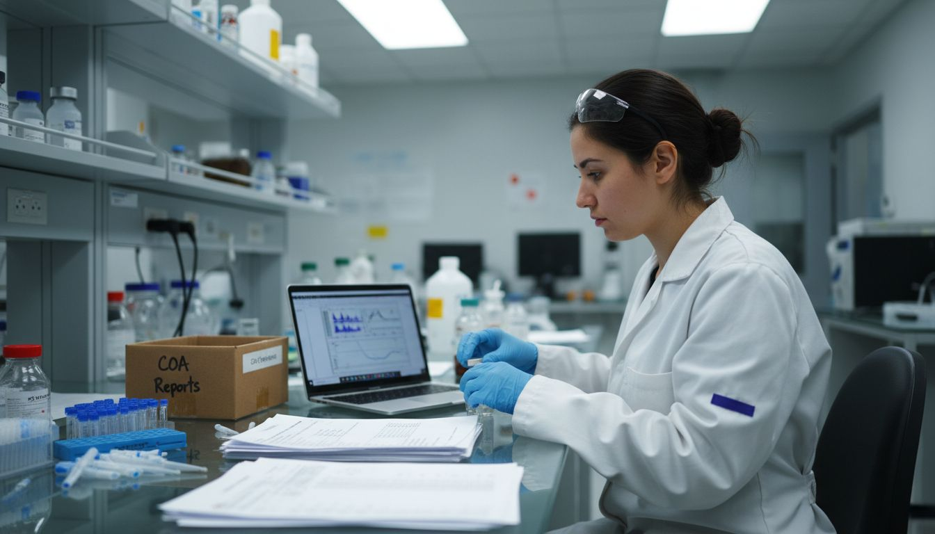 Lab technician organizing peptide vials in laboratory