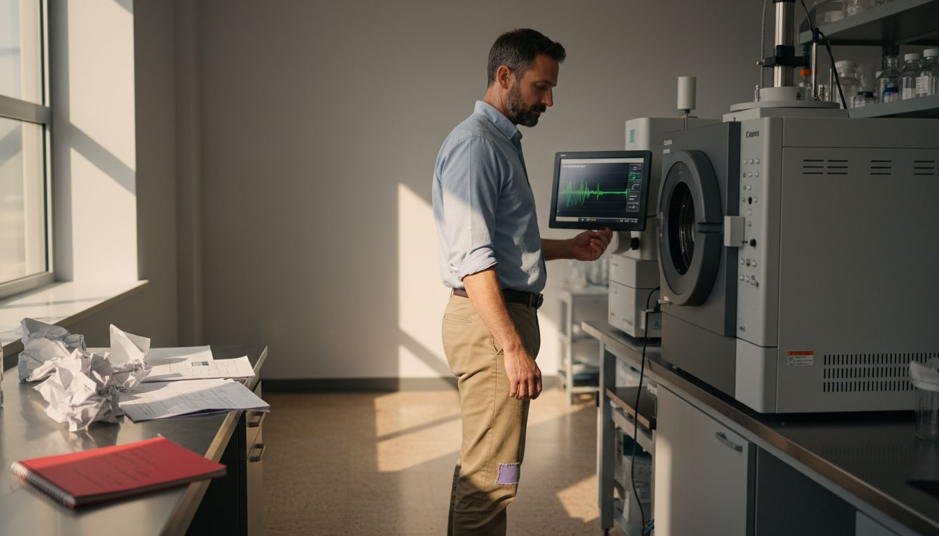 Scientist using mass spectrometer for peptide analysis