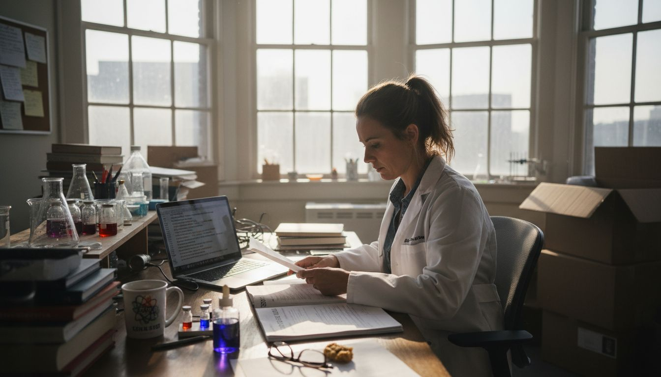 Scientist reviewing peptide specifications in lab