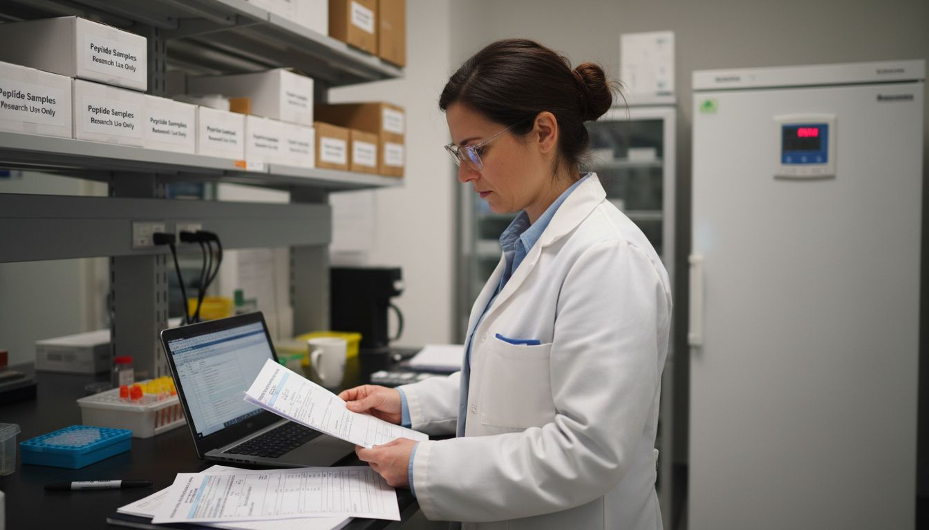 Lab manager reviewing peptide documentation at workstation