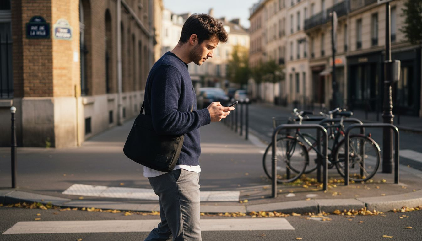 Chaque jour, cet homme complète son look avec un sac bandoulière, accessoire phare de sa tenue.