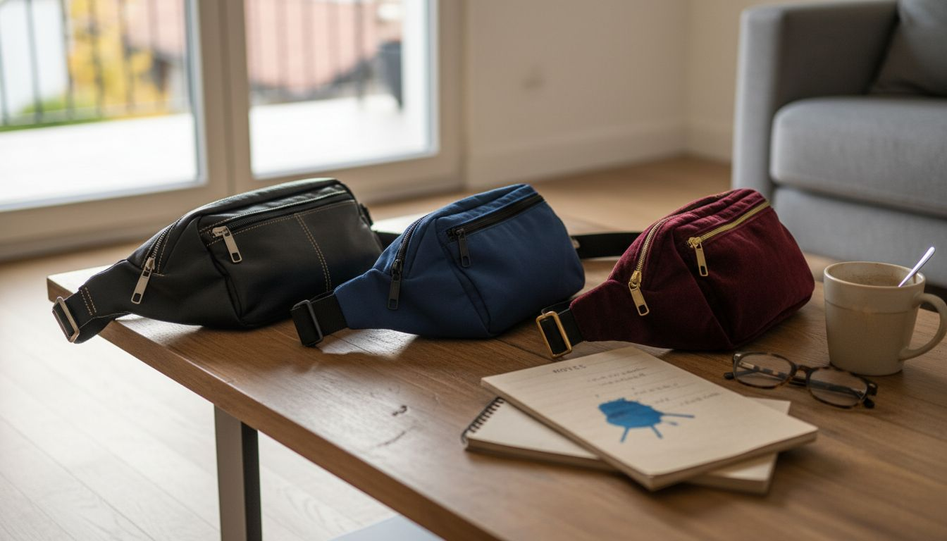 Sur la table basse, trois sacs banane sont posés côte à côte.