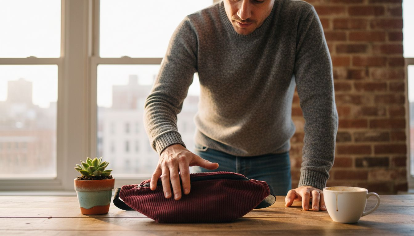Je passe ma main sur la matière du sac banane en velours pour en apprécier la texture.
