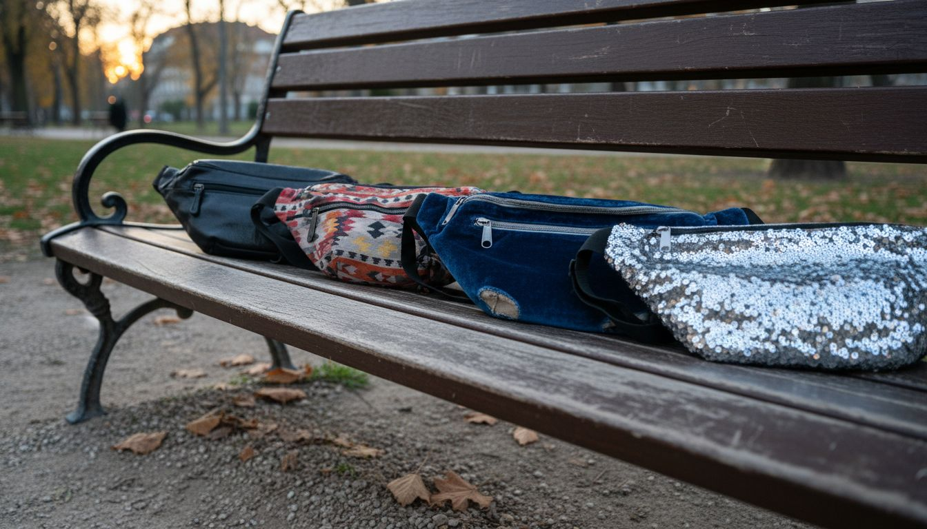 Une sélection de bananes en toile, cuir ou nylon posées sur un banc en bois