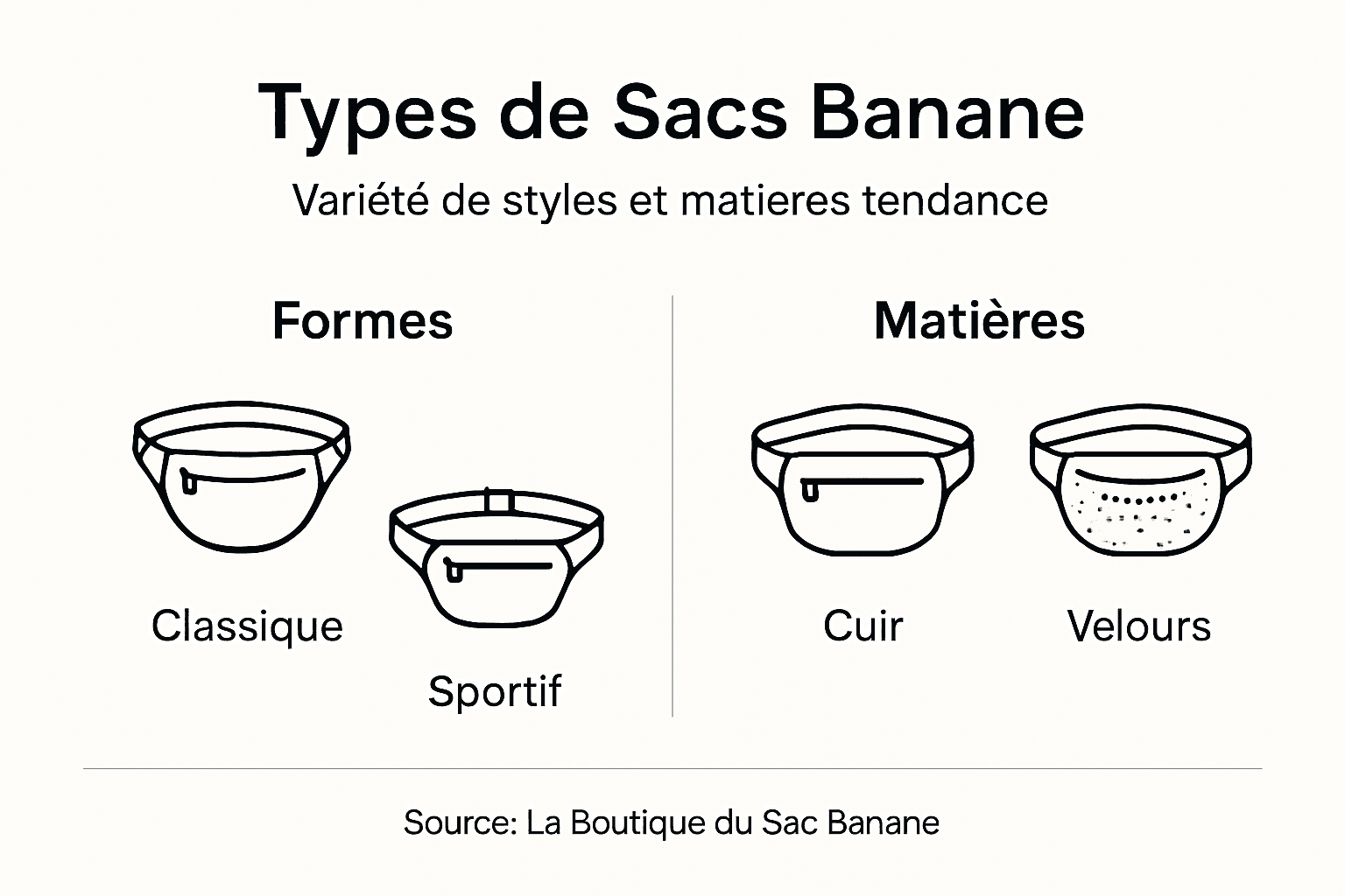 Découvrez notre infographie dédiée aux différents modèles de sacs banane et aux matières utilisées pour leur confection.
