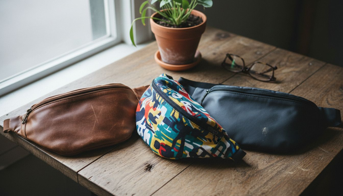 Sur la table, trois bananes en bandoulière, chacune conçue dans une matière différente, attirent le regard.