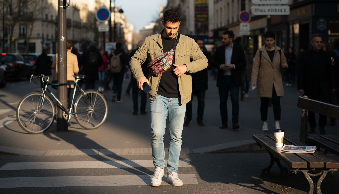 Un homme portant une banane en bandoulière traverse la rue.