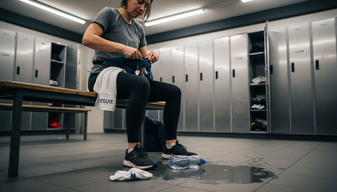 Une femme en tenue de sport ouvre sa banane dans le vestiaire de la salle de sport.