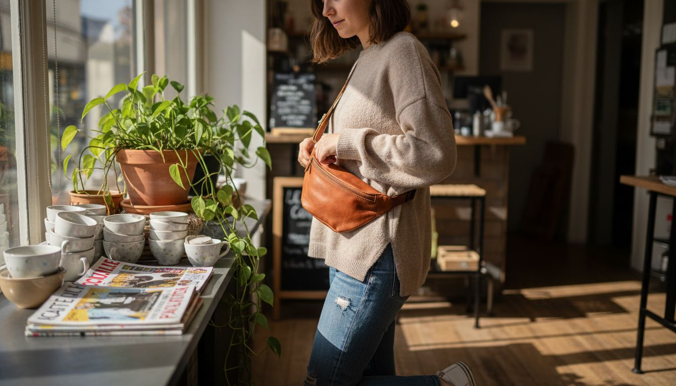 Une femme ajuste sa banane en cuir devant la terrasse d’un café.