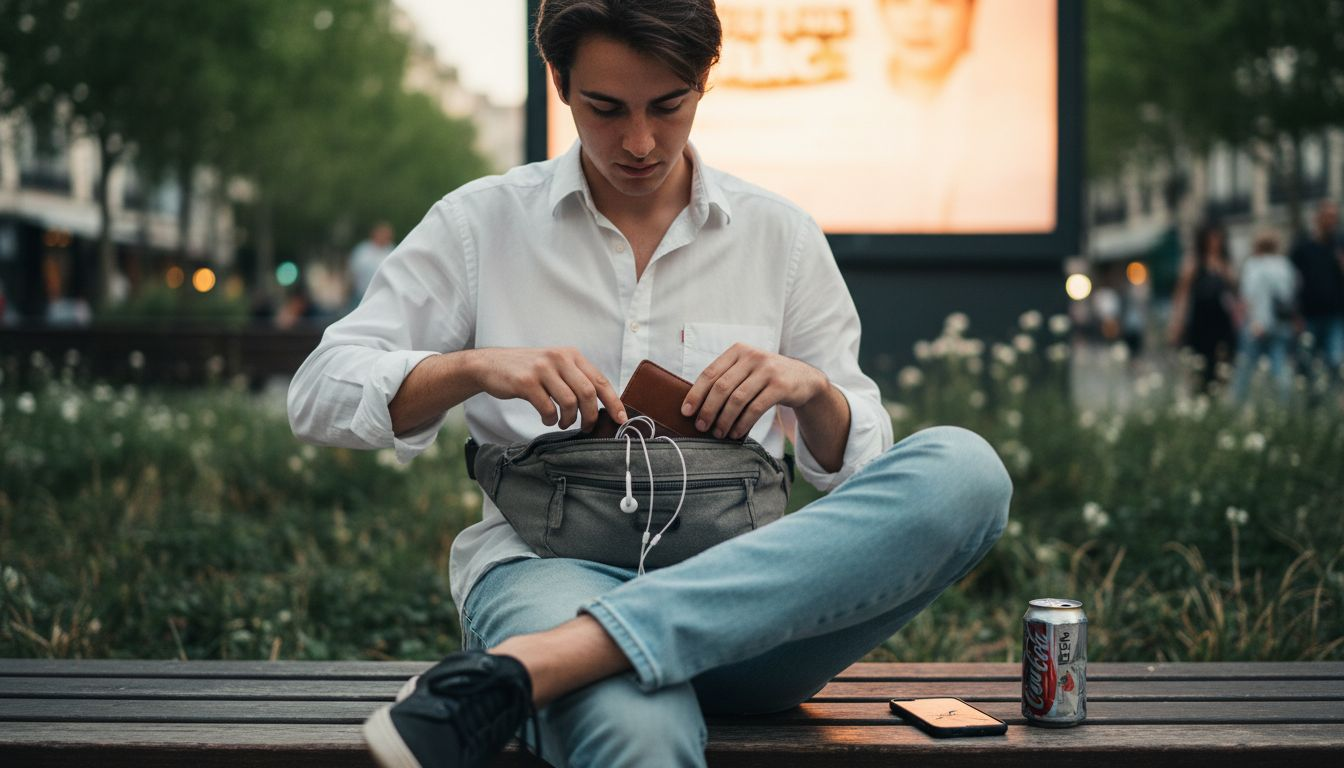 Assis sur un banc, un homme fouille dans sa banane.