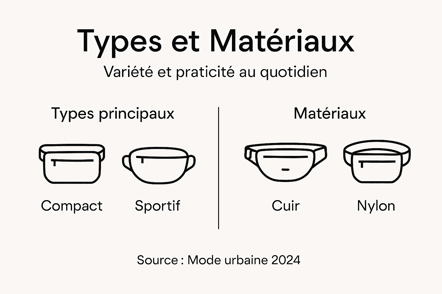 Découvrez en images les différents styles de sacs banane et les matières qui les composent.