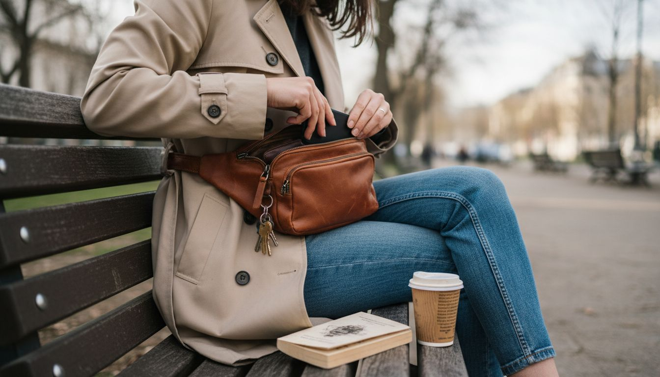 Assise sur un banc, une femme trie les affaires de son sac banane en cuir.