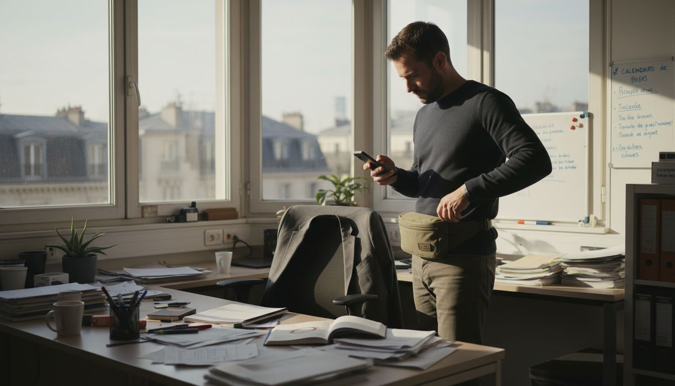 Un employé de bureau ajuste sa banane en s’installant à son poste de travail.