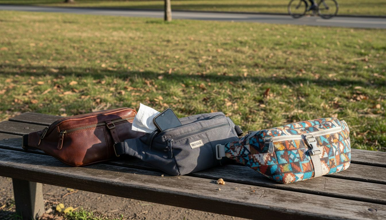 Une sélection de sacs banane aux styles variés posée sur un banc