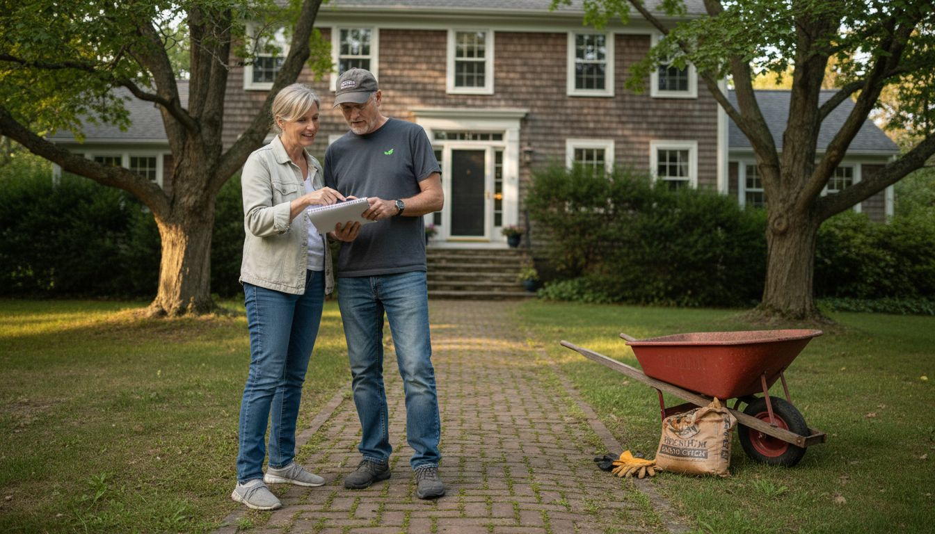 Couple planning landscape renovation in front yard