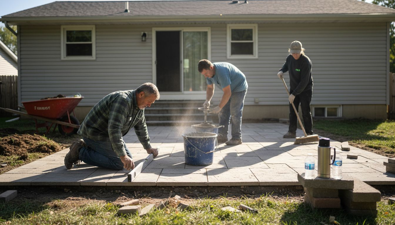 Landscape crew building stone patio backyard