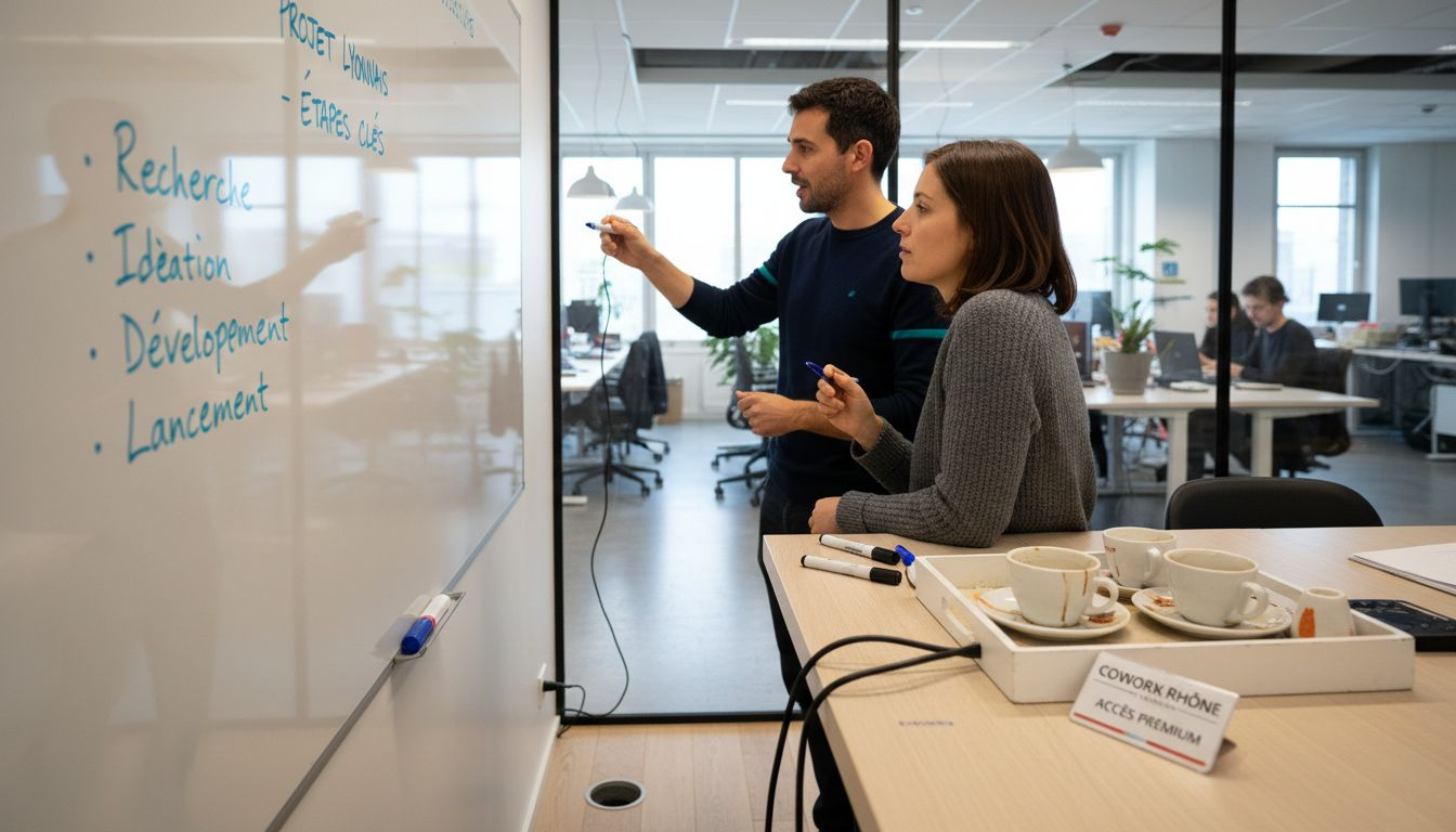 Échanges et brainstorming dans une salle de réunion de coworking à Lyon