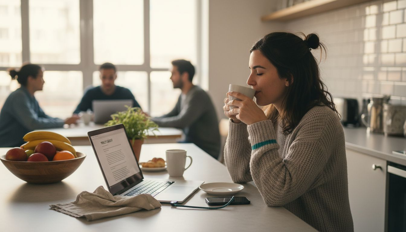 Un moment de détente et de partage autour de la cuisine, au cœur d’un espace commun.