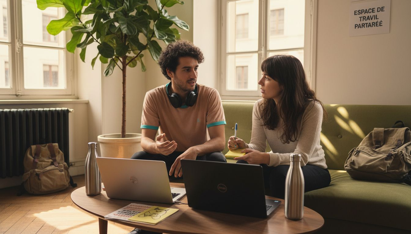 Des collègues qui échangent autour d’un café pour favoriser le bien-être au sein d’un espace de coworking à Lyon.