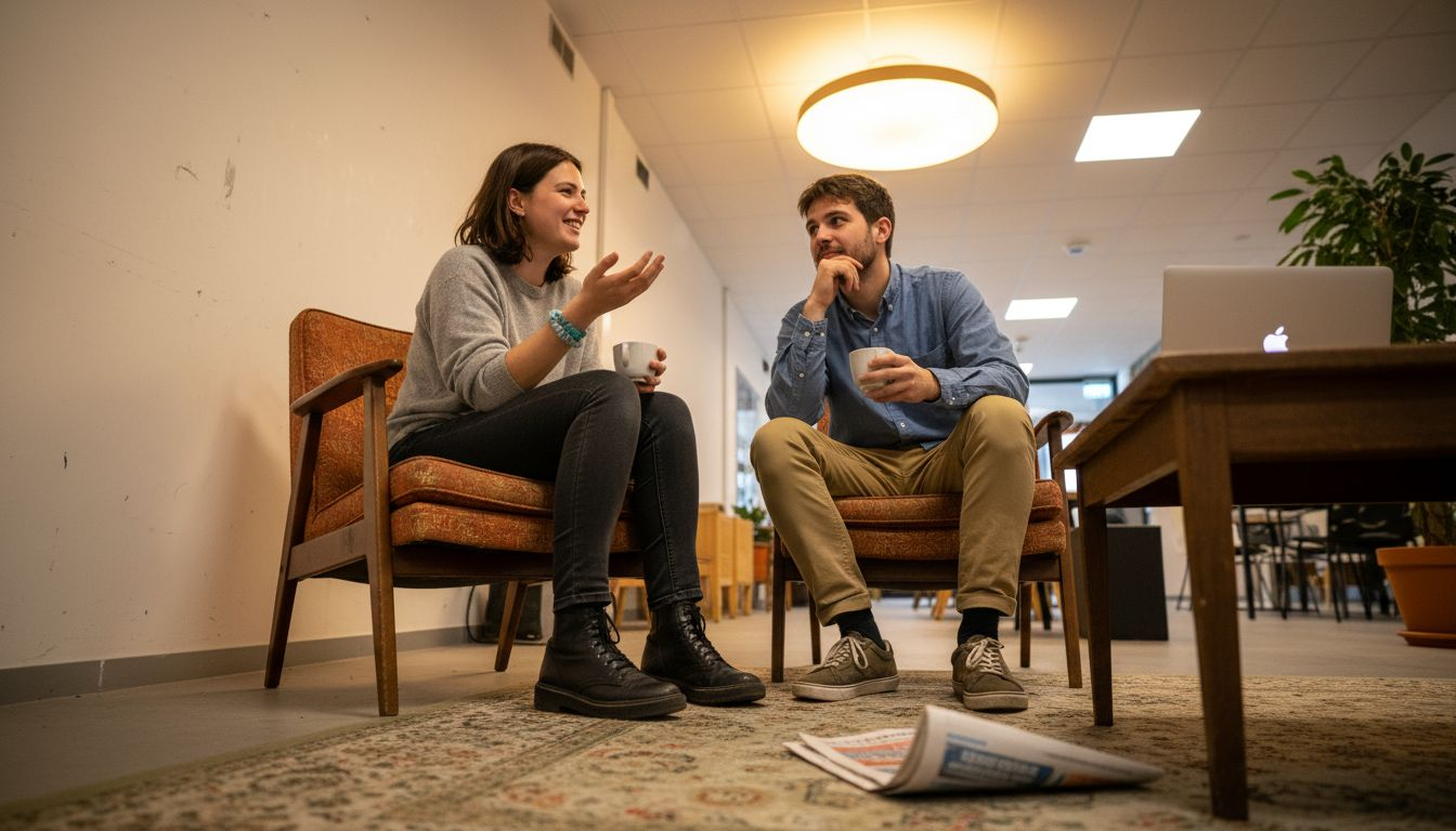 Échange spontané entre collègues dans l rich d’un espace de coworking