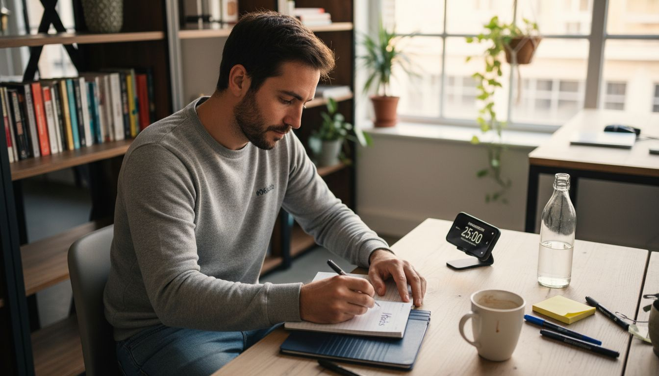Un professionnel lance des sessions Pomodoro dans un espace de coworking à Lyon.