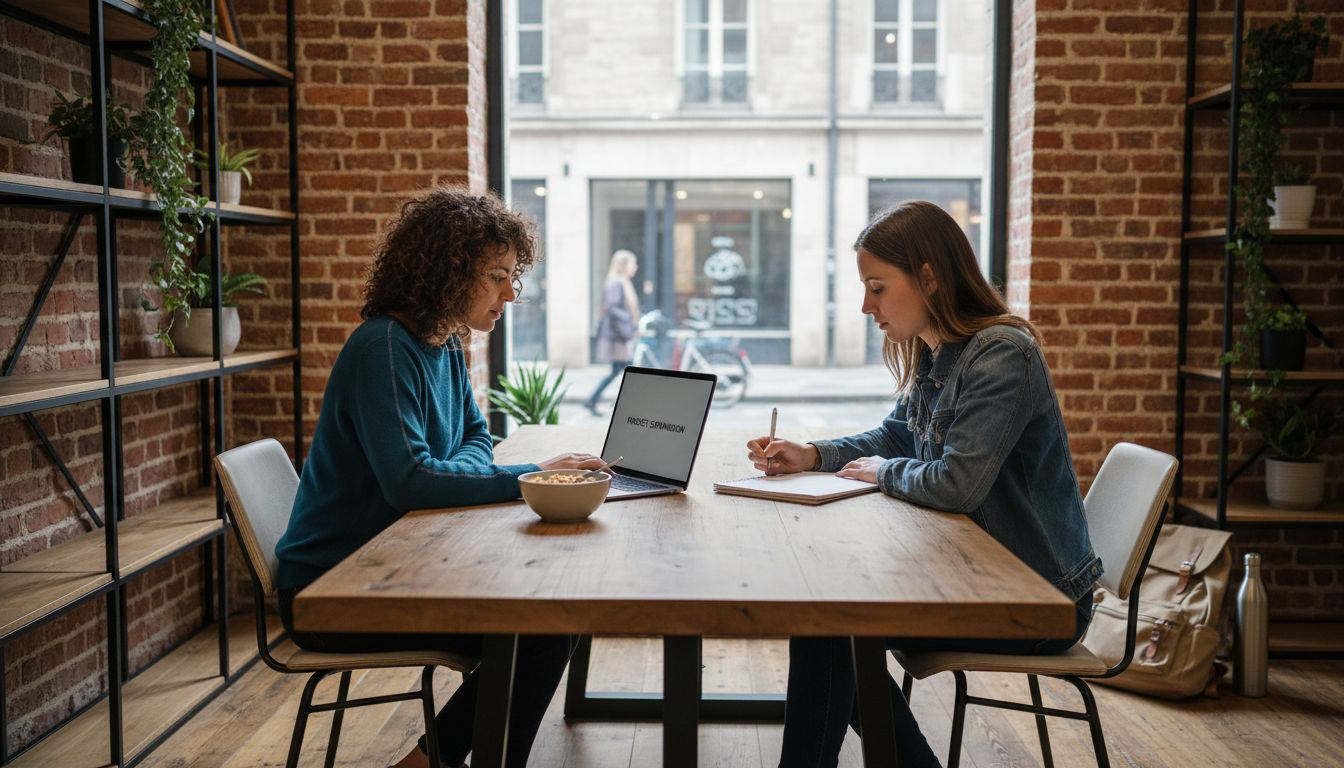 Échanges animés autour d’un café dans un espace de travail partagé chaleureux
