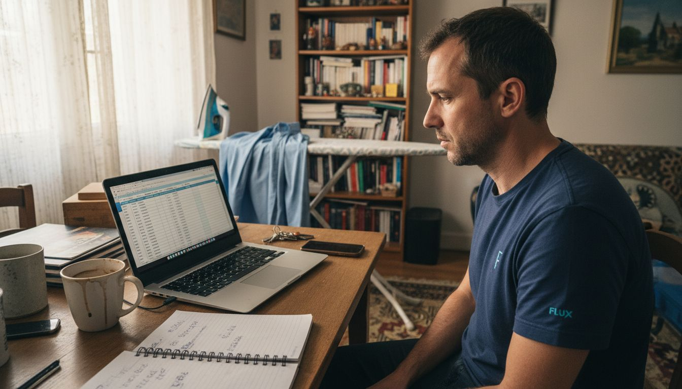 Une personne télétravaille depuis chez elle, installée devant un bureau débordant d’affaires et de papiers.