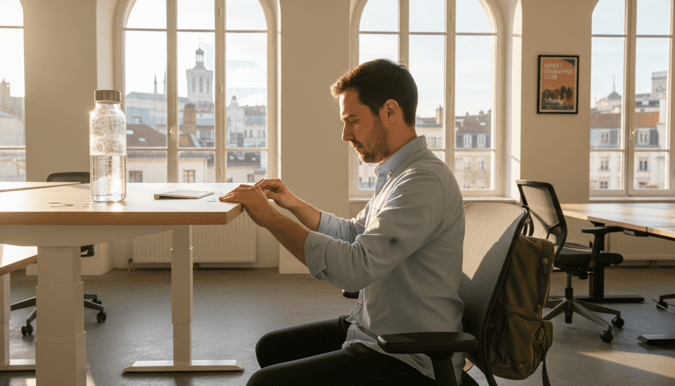 Un homme règle la hauteur de son bureau assis-debout dans un espace de coworking.