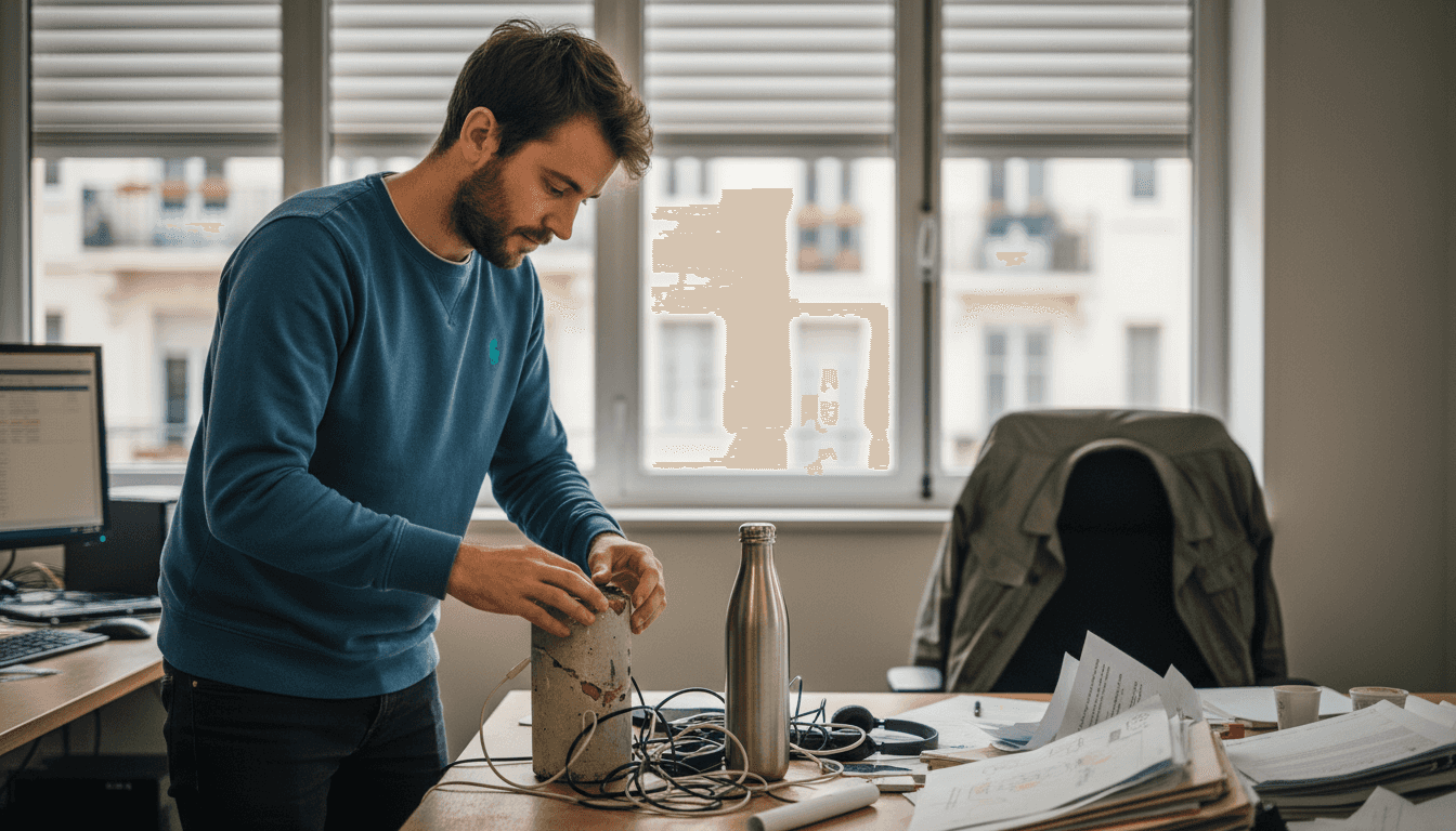 Un homme installe son poste de travail personnel dans un espace de coworking.