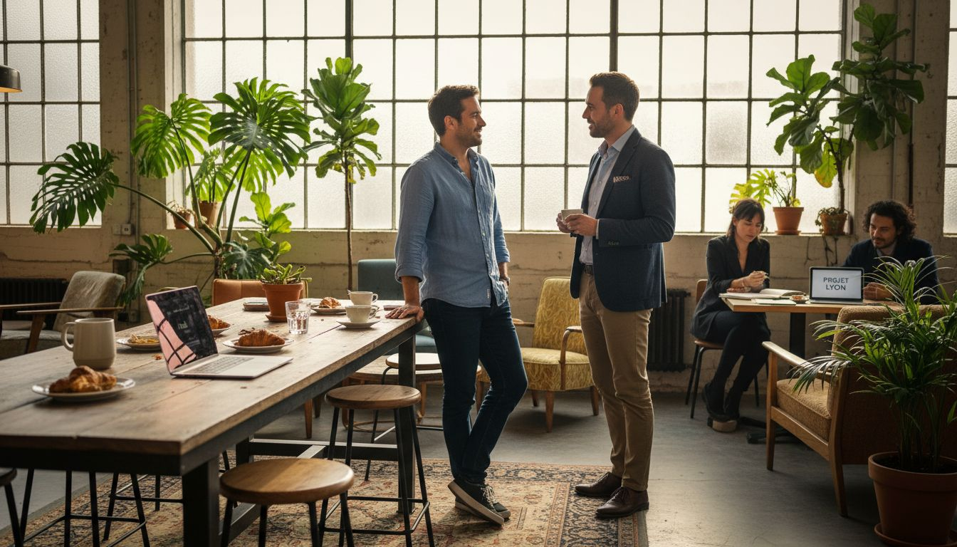 Des professionnels échangent et développent leur réseau dans un espace de coworking à Lyon.