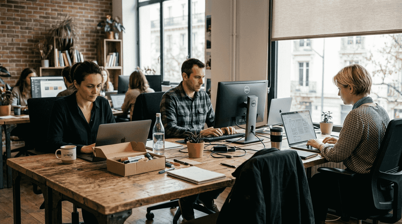 Un petit groupe motivé pour travailler ensemble dans une atmosphère sérieuse et concentrée.