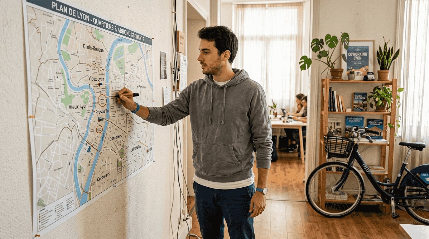 Un homme en train de comparer les espaces de coworking à Lyon pour choisir celui qui lui conviendra le mieux.