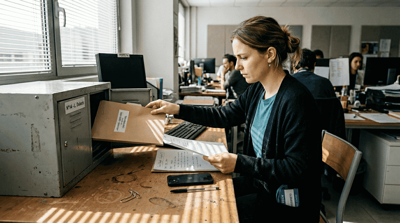 Une femme classe un dossier confidentiel dans un espace de coworking.