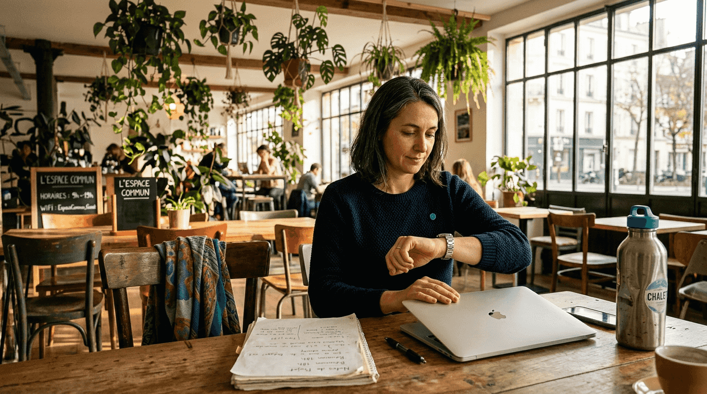 Une jeune femme range ses affaires avant de quitter un espace de coworking moderne et convivial.